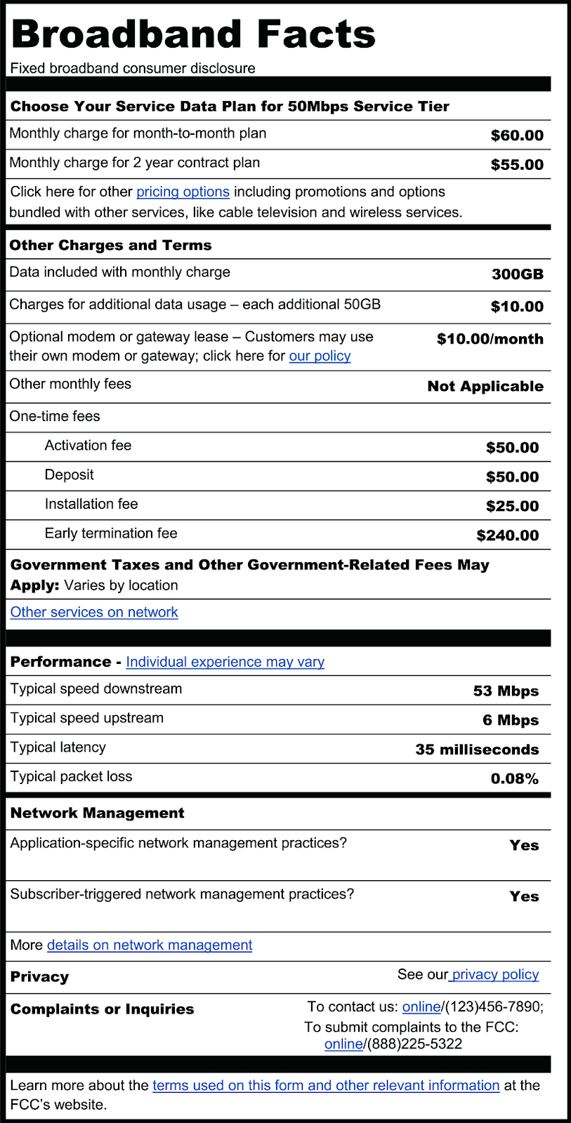 The FCC’s Broadband Label Example from 2016