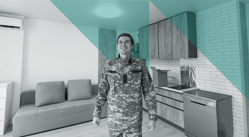 A person in a military uniform smiles in a modern apartment room, with a teal geometric overlay.