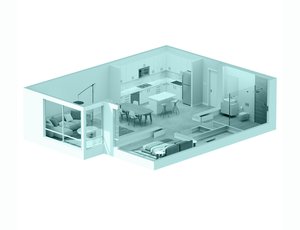 A teal digital rendering of an interior apartment design.