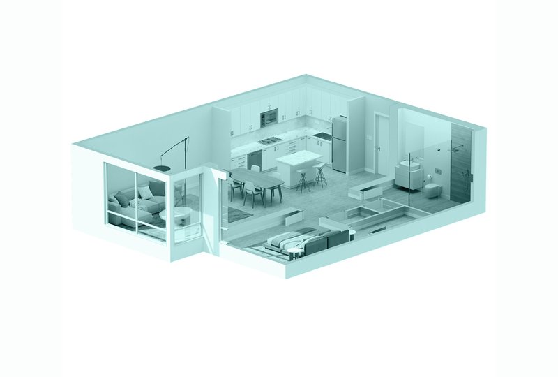 A teal digital rendering of an interior apartment design.