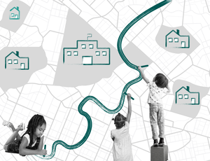 Young children use paintbrushes to draw a line between homes and schools on a map.