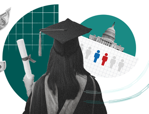 A graduate in cap and gown faces a backdrop with money, a diploma, and the U.S. Capitol.