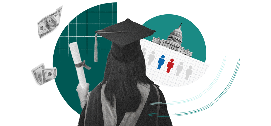 A graduate in cap and gown faces a backdrop with money, a diploma, and the U.S. Capitol.