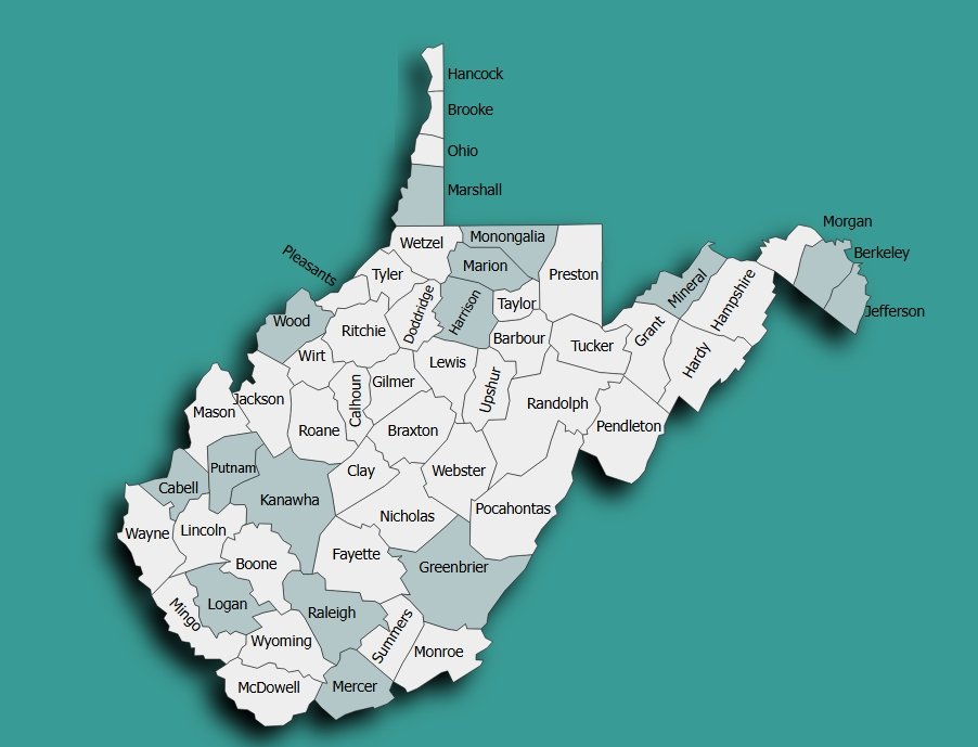 map displaying the 15 districts in West Virginia among the top 100 nationally for total funding risk