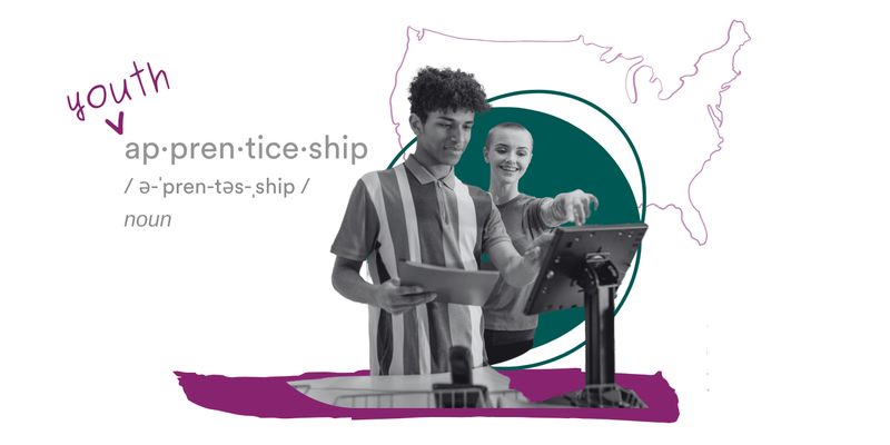 Illustration of a young man learning at an apprenticeship with an outline of the U.S. and the words "youth apprenticeship"
