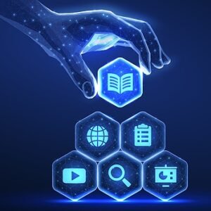 Futuristic digital graphic of a hand assembling a pyramid of glowing technology and education icons, symbolizing modern learning and information access.