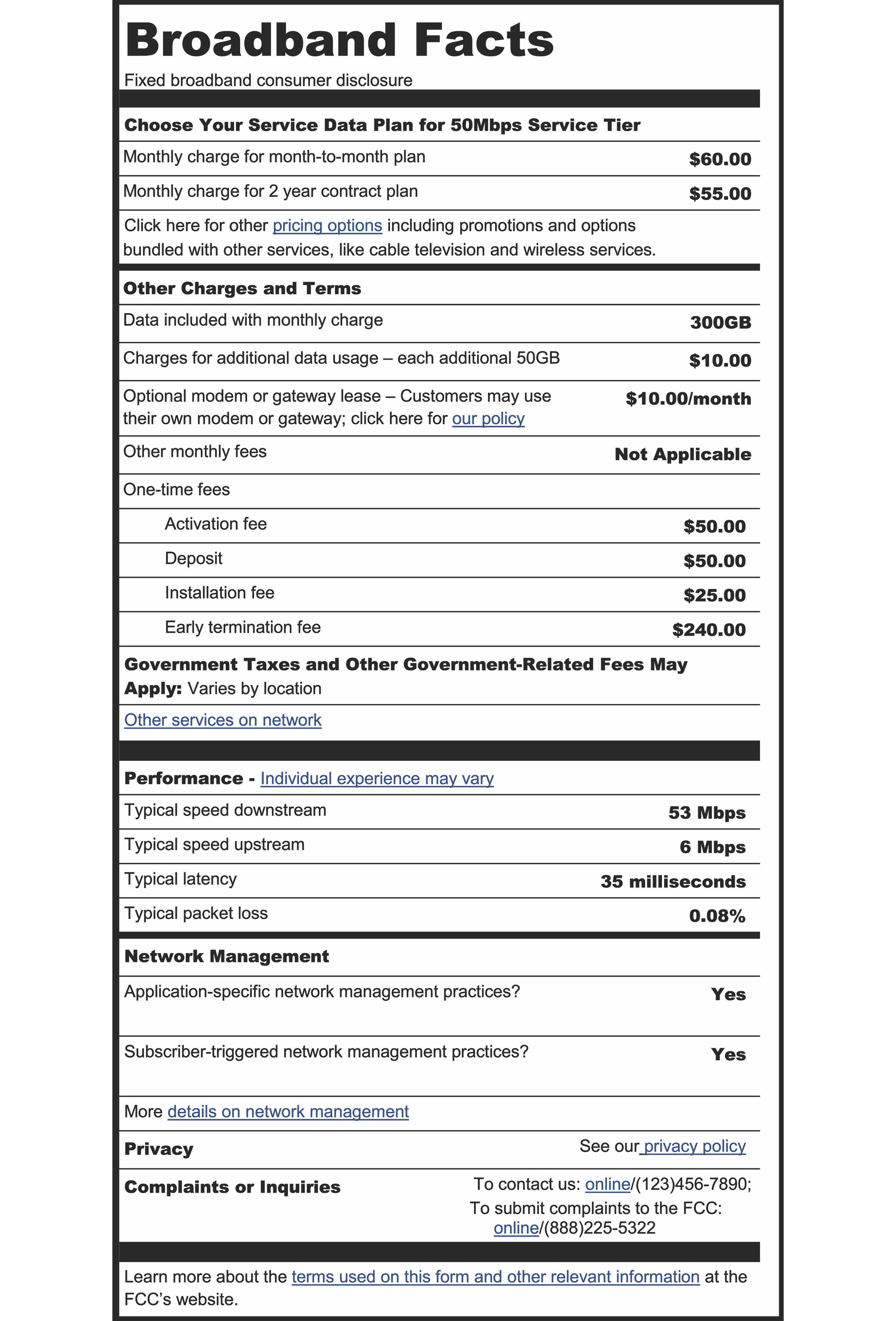 Fixed Consumer Broadband Label Sample