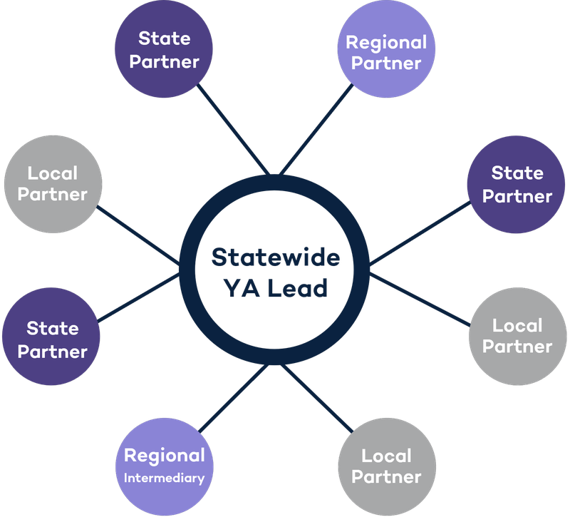 a blue, gray, and purple graphic depicting Statewide YA Lead.