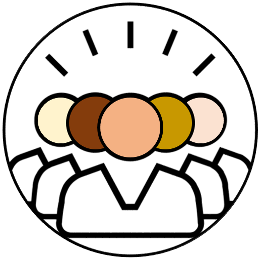 Circle with people outlines inside with yellow, beige, and brown circles for heads