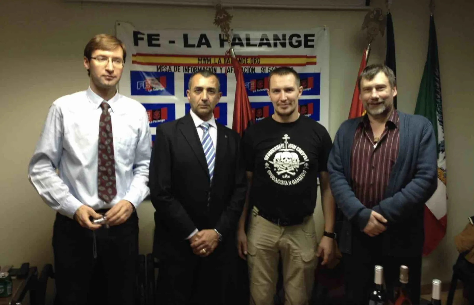 Russian Imperial Movement leaders Stanislav Shevchuk (left), Denis Gariyev (second from right), and Stanislav Vorobyev (right) meet with Manuel Andrino Lobo (second from left), head of Spain’s far-right La Falange group, in 2015.