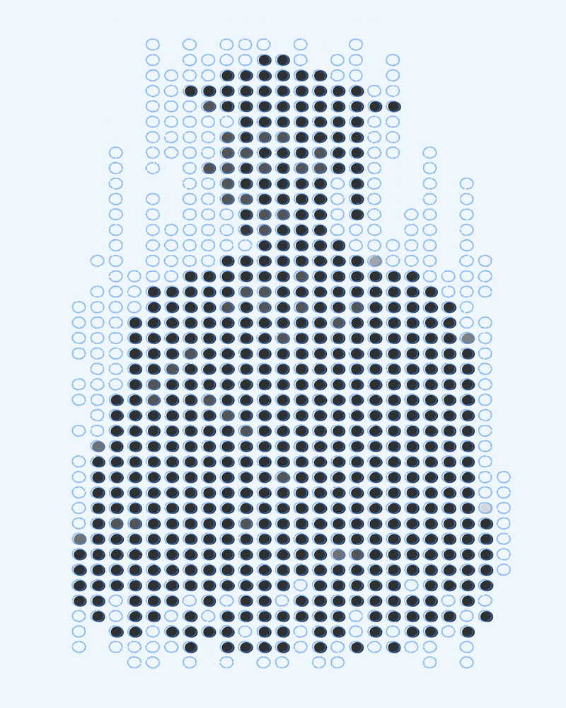 Dot illustration representing a standardized test sheet forming the silhouette of a person wearing a graduation cap, symbolizing college admissions and higher education.