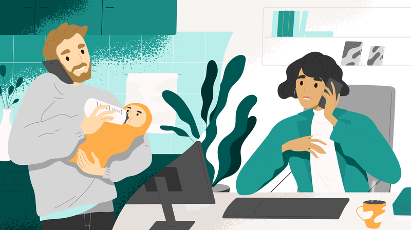 A vector illustration of a father feeding an infant a bottle in the kitchen while on the phone with his female partner, who is sitting at a desk in a professional office.