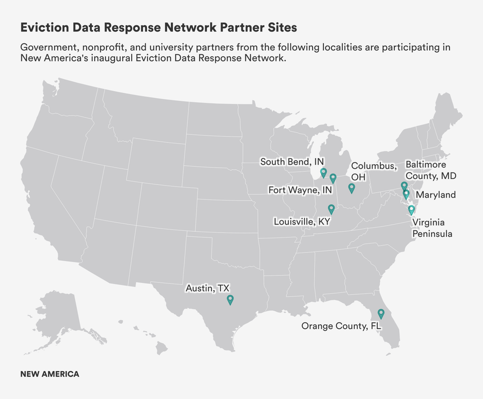 A map of the United States highlights nine partner sites, primarily located in the midwest and midatlantic regions, plus Austin, Texas and Orange County, Florida.