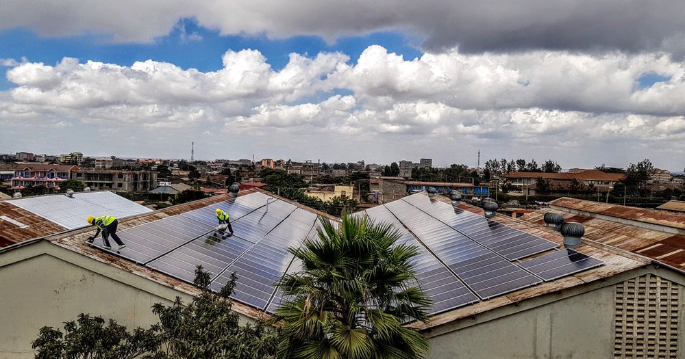 Roof mounted solar power plant on a factory roof in Kenya, Africa.