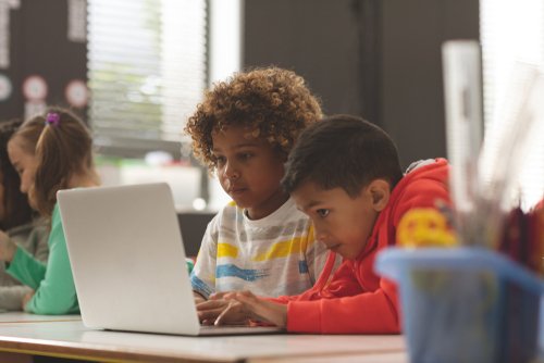 Two students using a laptop