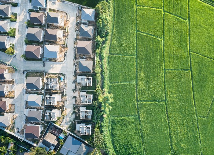 Landscape of green field in aerial view