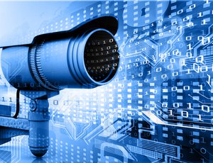 A surveillance camera in a blue wash.