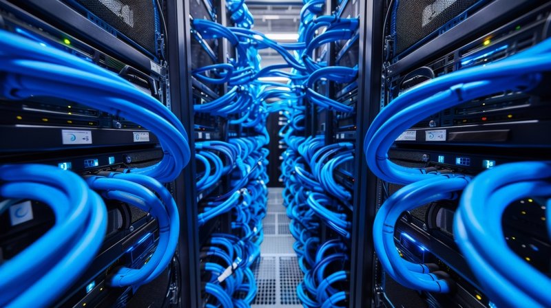 Interior of a data center with rows of server racks and blue cables.