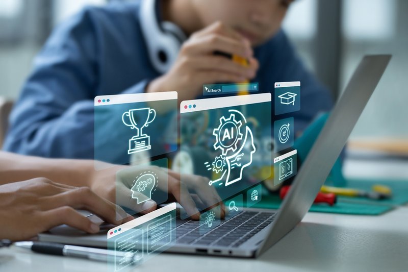 AI artificial intelligence, STEM. Teenage students engage in hands-on STEM education, building robots and learn to use artificial intelligence through coding and programming. STEM education concept.