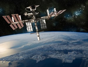 A space station floats above the earth.