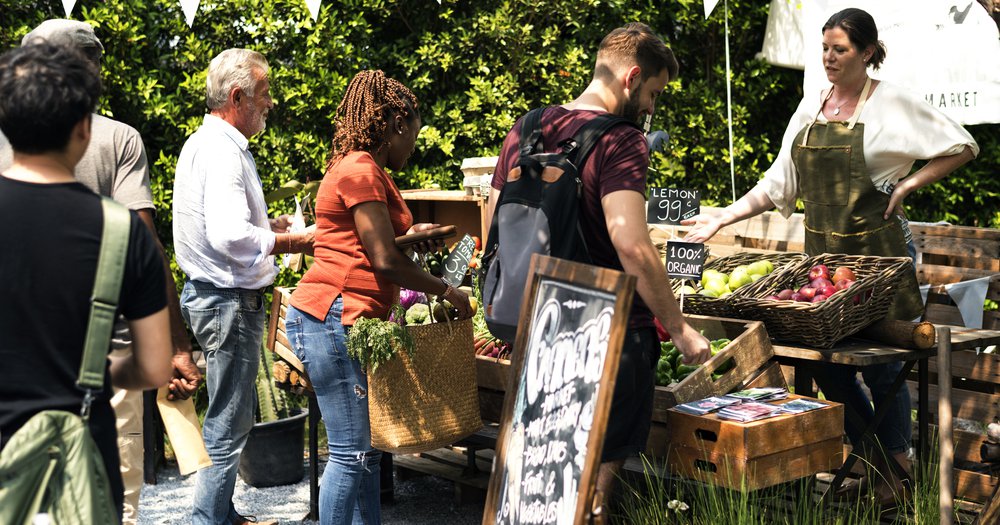 People lined up at farmer's market