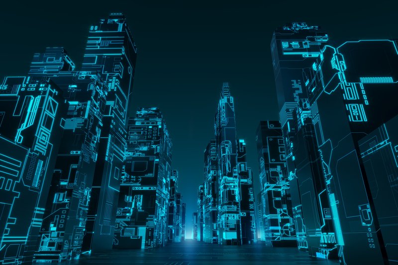 Dark buildings in a virtual world glow.