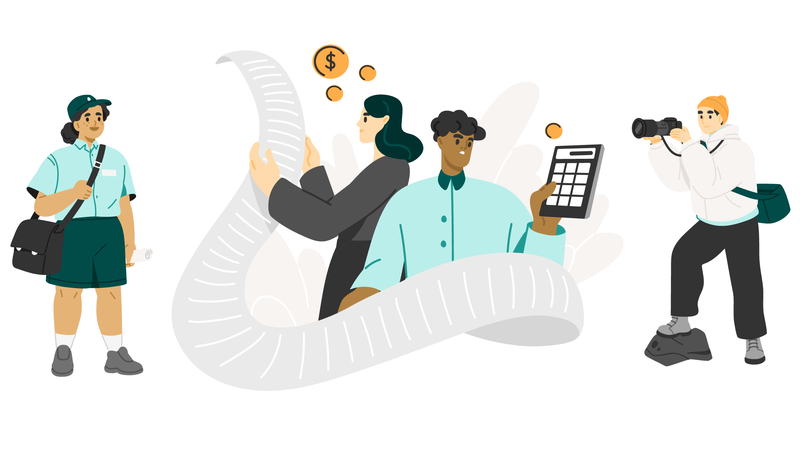 A vector illustration of two figures. One holds a long receipt that wraps around both characters, and the other holds a large calculator. Coin icon sloat above their heads.